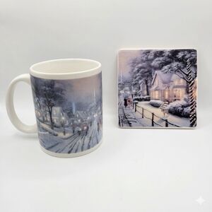 Vintage Thomas Kinkade 2008 Hometown Christmas Memories Ceramic Mug & Coaster